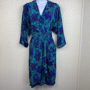 Vintage Gillian 100% Silk Dress Teal Purple Black Print Faux Wrap Pleated Size 8